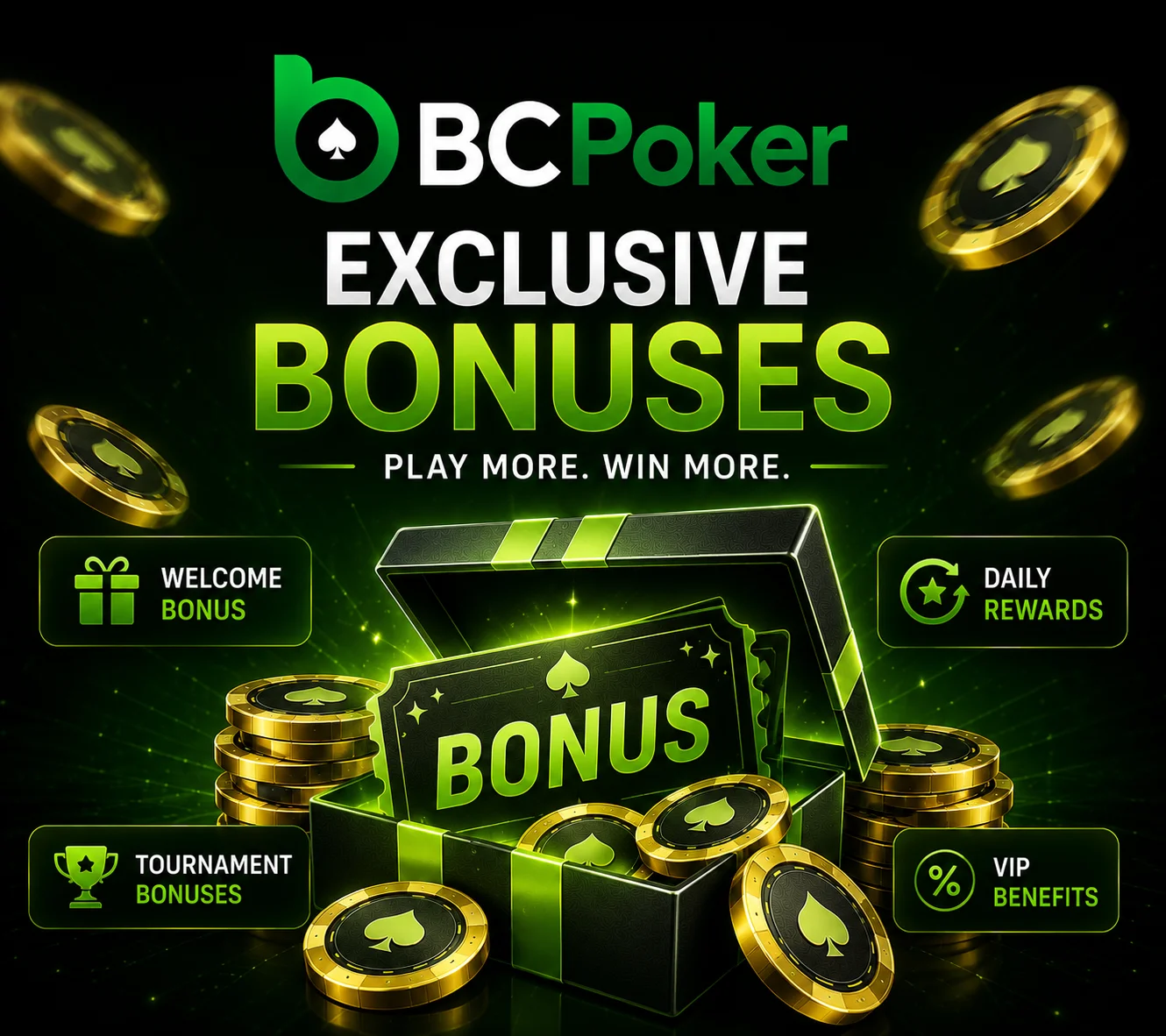 BC Poker bonus rewards with coins, poker chips and glowing bonus chest.