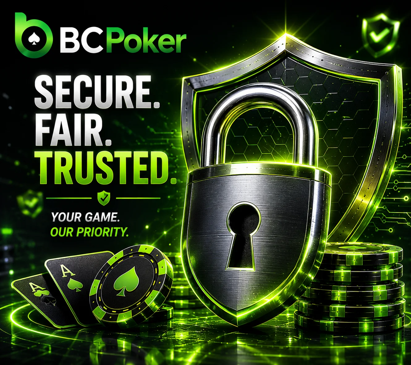 BC Poker security lock with shield and poker chips in neon green style.